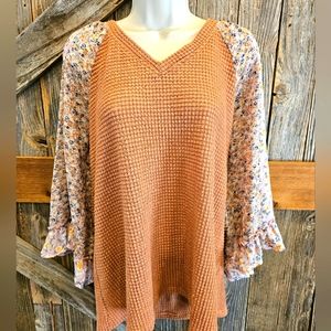 Gigio By Umgee Blouse medium pink floral ruffle Bubble sleeve southern V Neck ^^